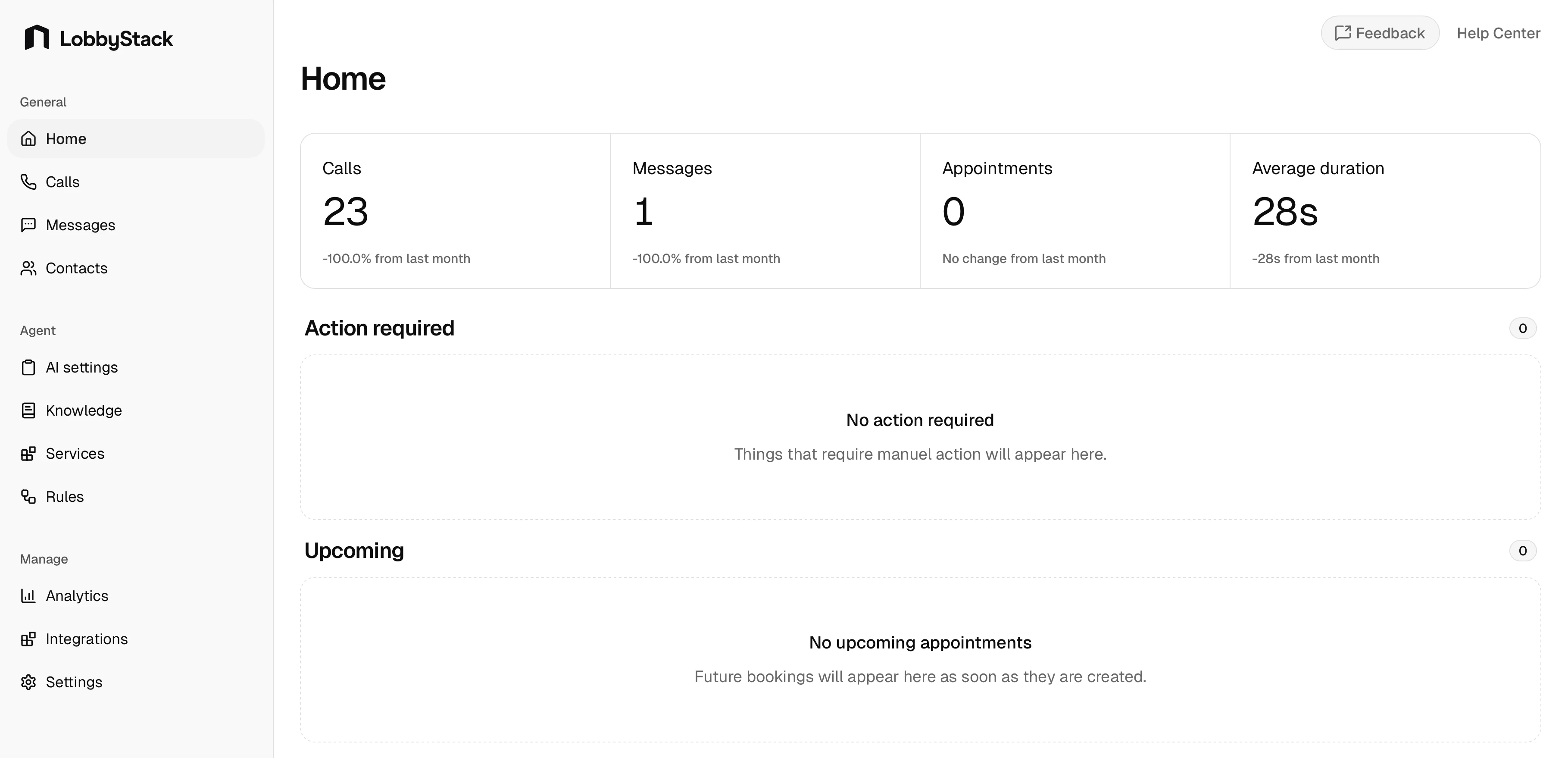 LobbyStack dashboard with call metrics, action required, upcoming appointments, and recent calls